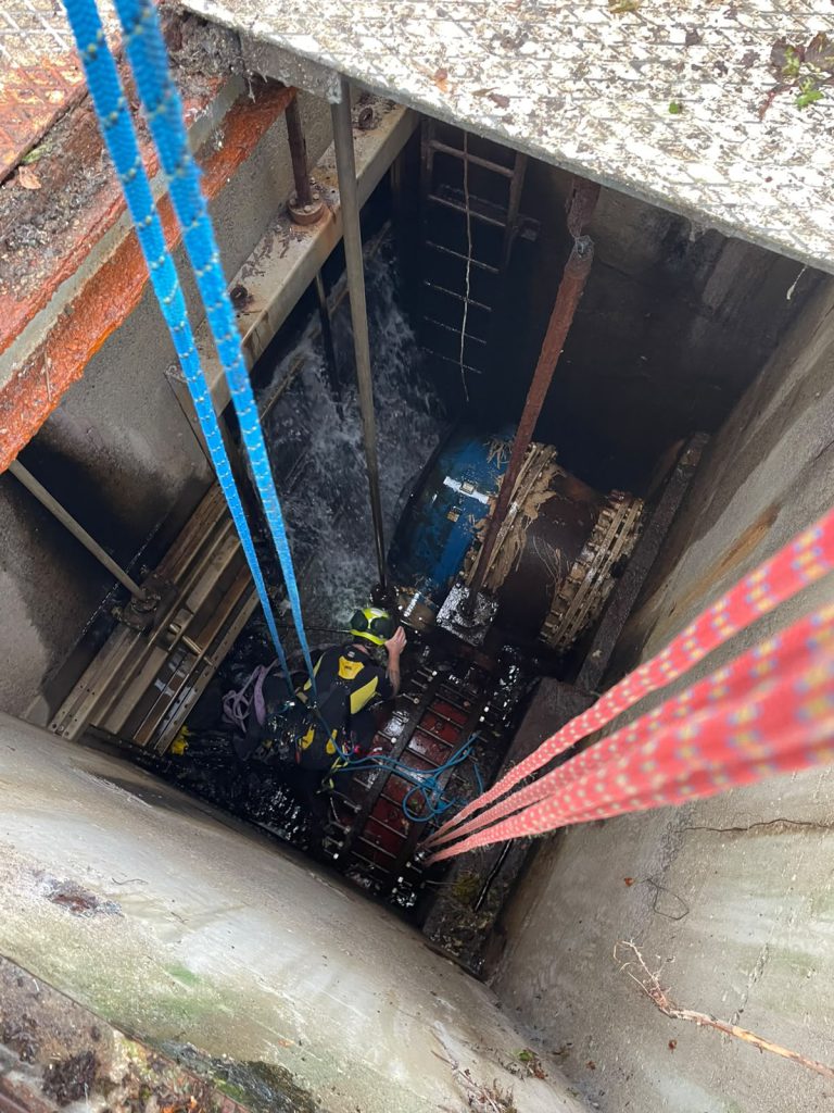 intervention en milieu confiné. Evacuation de souches et de troncs dans un puits d'eau : tronçonnage par 6m de fond puis évacuation par mouflage.